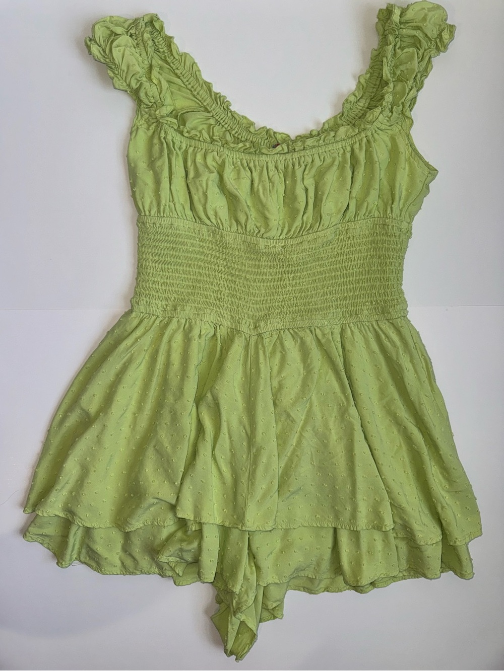 Urban Outfitters Lime Green Swiss Dot Ruffle Romper Size Large